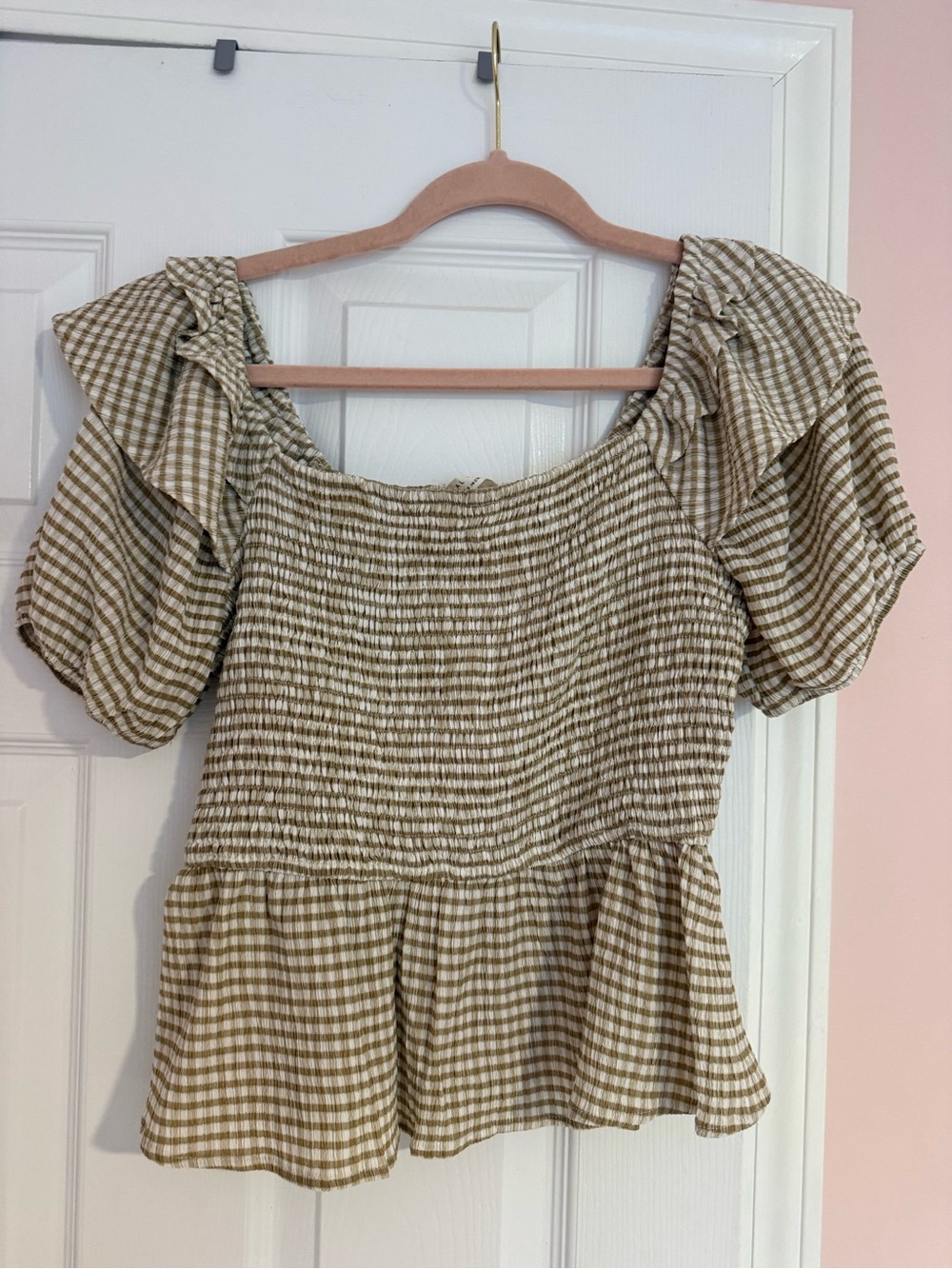 Women’s Smocked Gingham Peplum Top - Beige